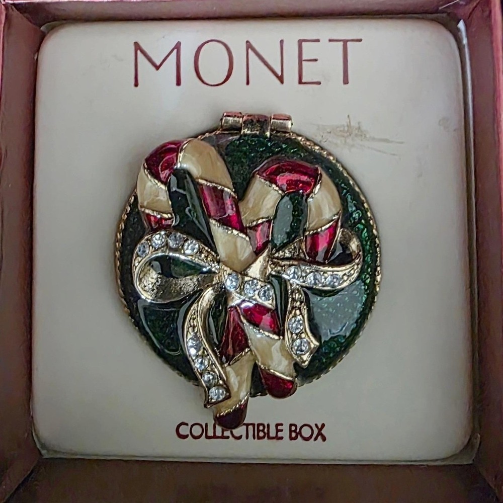 Monet Candy Cane Collectible Trinket Box Enamel Rhinestone Christmas